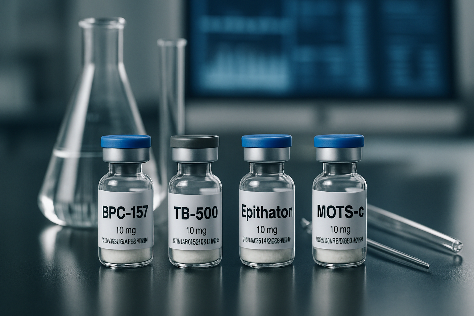 An artistic rendering (1536x1024) of various peptide vials and research equipment, arranged on a polished lab bench. The image should subtly