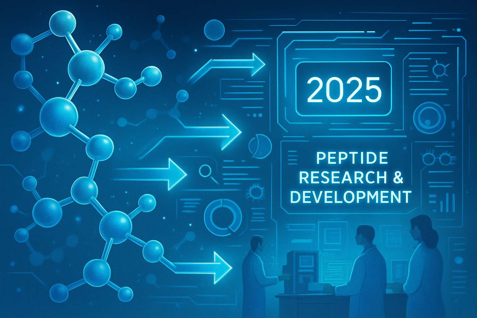 A conceptual illustration (1536x1024) depicting the future of peptide research and development in 2025. The image features interconnected mo
