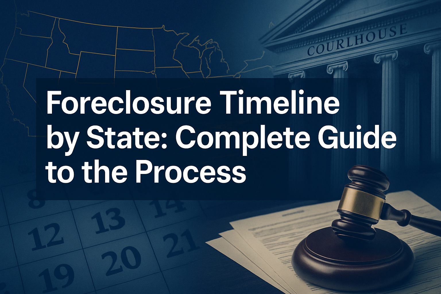 Professional landscape hero image (1536x1024) featuring bold text overlay 'Foreclosure Timeline by State: Complete Guide to the Process' in 