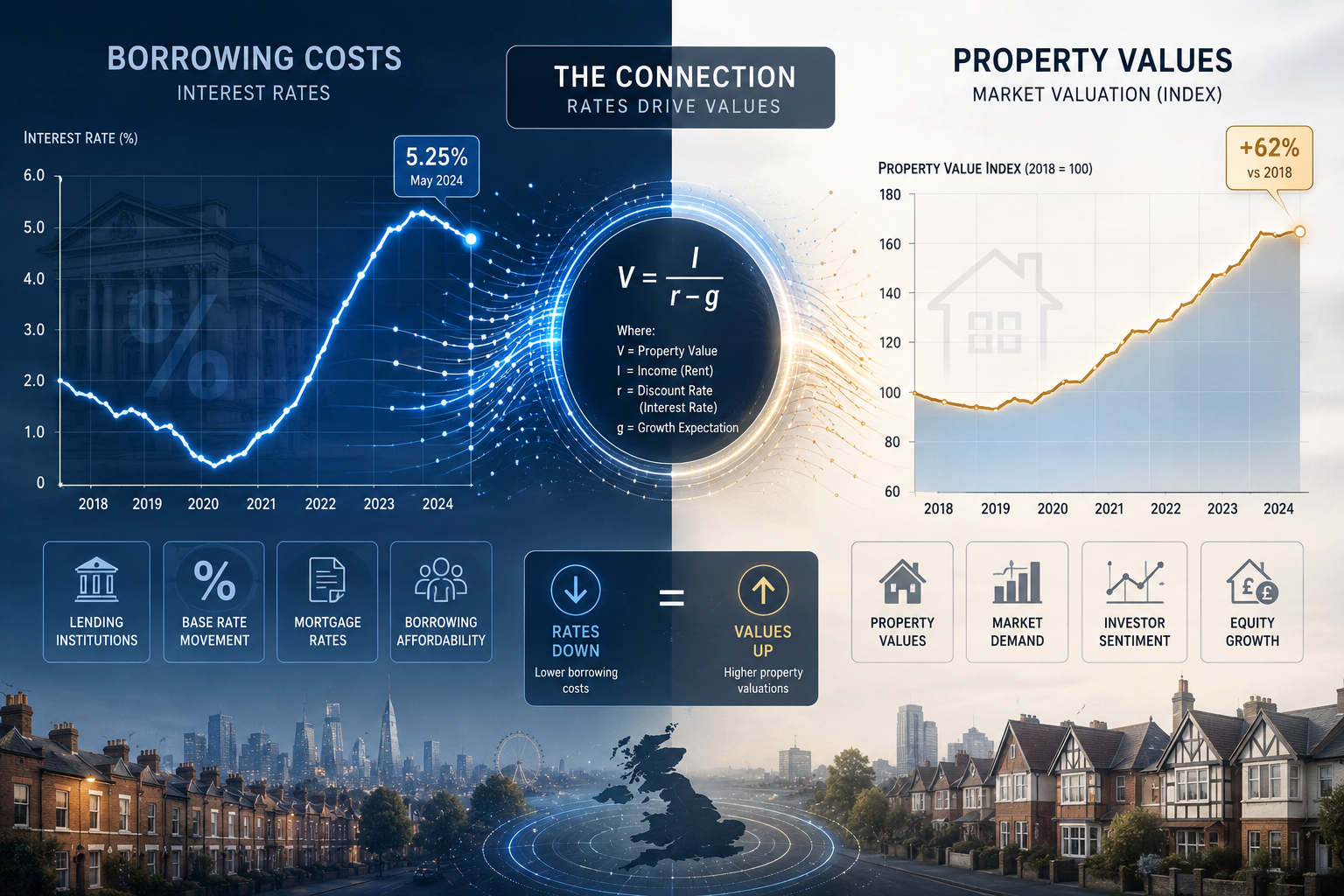 Dynamic financial illustration depicting 'Rate-Valuation Connection' concept. Split-screen composition showing mortgage