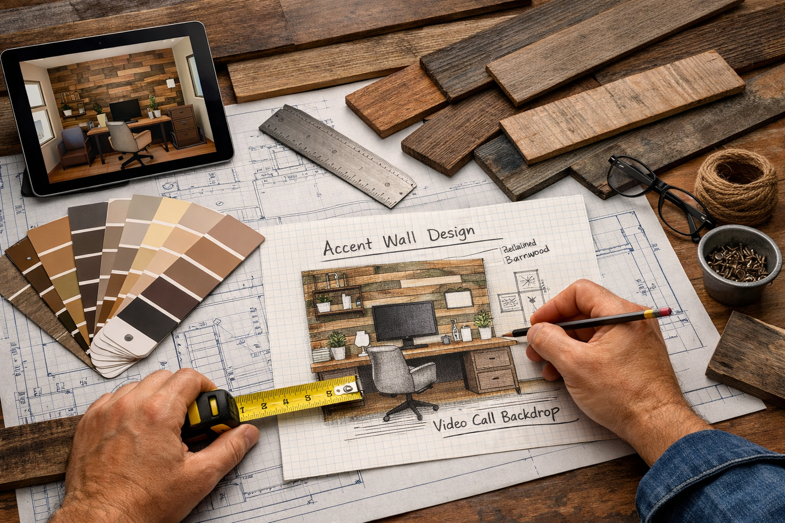 A detailed landscape format (1536x1024) image for the 'Planning Your Rustic-Modern Design' section. It shows a homeowner sketching a mixed-w