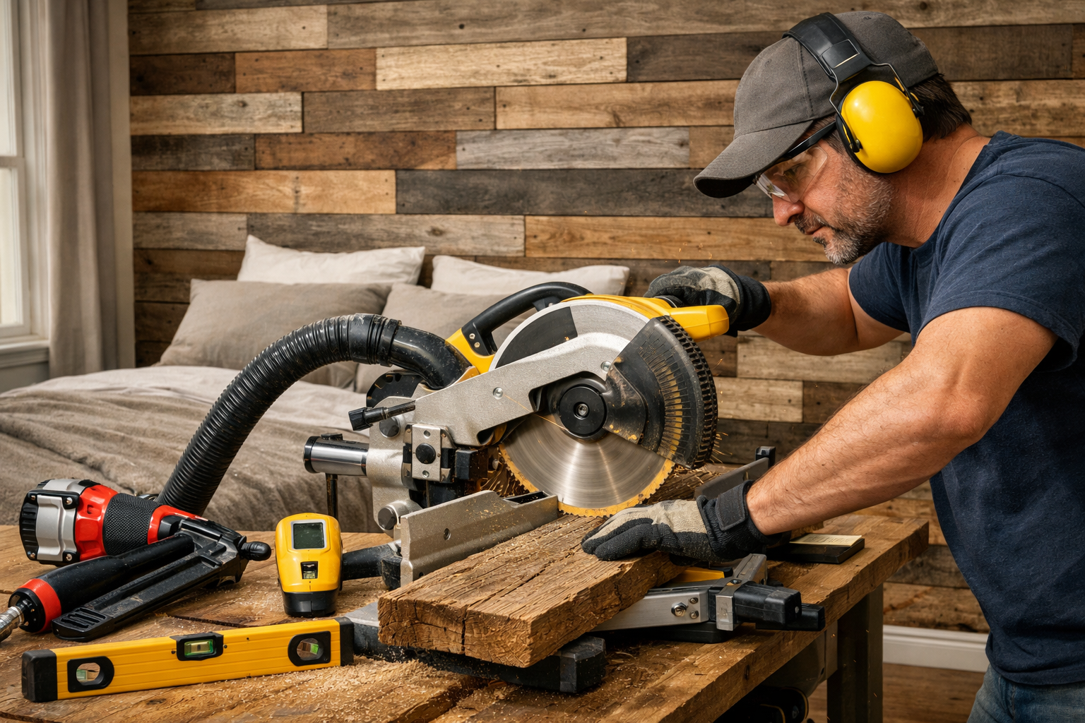 A detailed landscape format (1536x1024) image for the 'Power Tool Installation Techniques' section. It depicts a skilled individual safely o