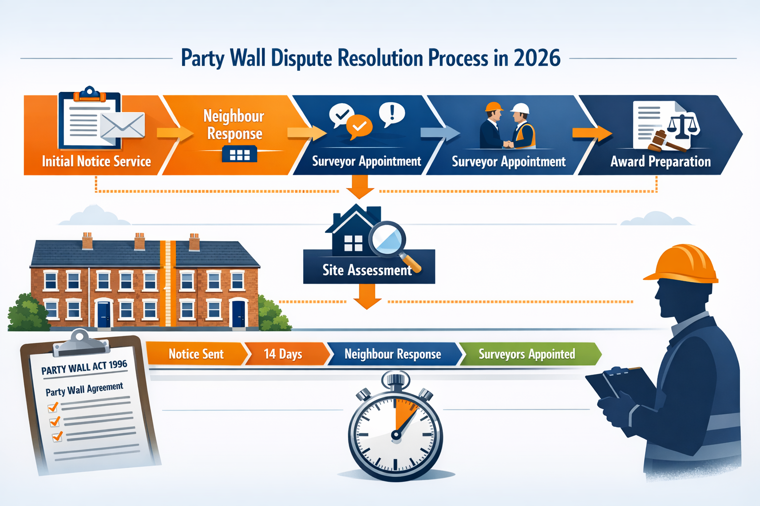 Detailed landscape format (1536x1024) illustration showing a professional surveyor's workflow diagram for party wall dispute resolution in 2