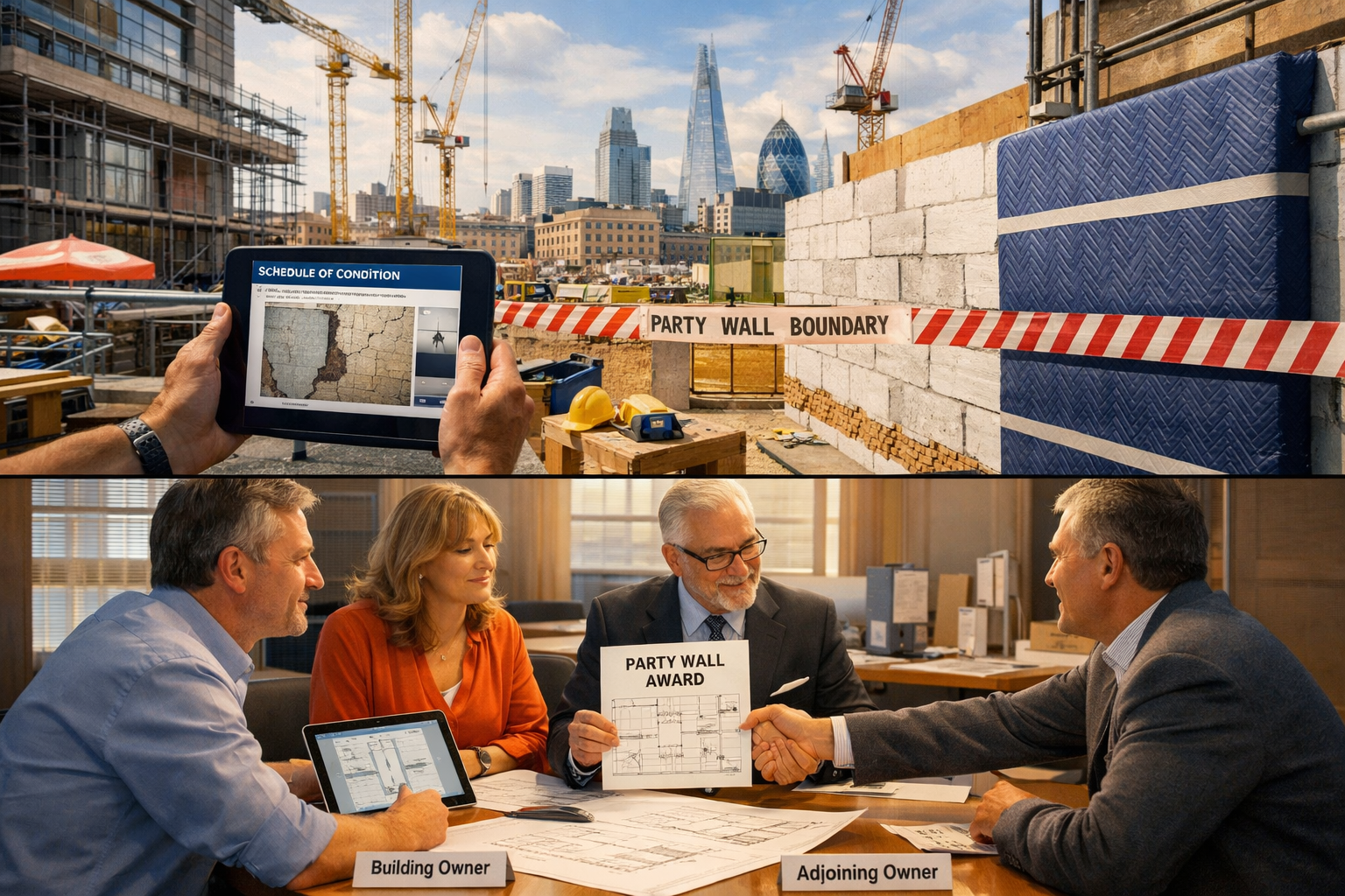 Detailed landscape format (1536x1024) image depicting modern construction site management during 2026 UK building boom. Show split-screen co