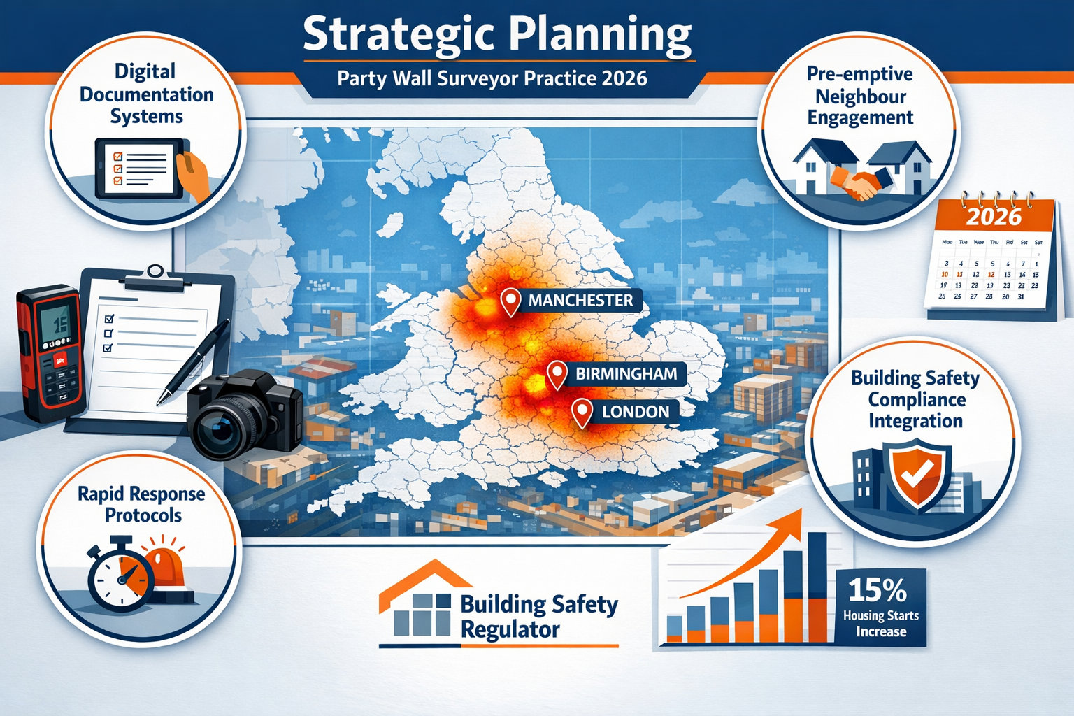 Detailed landscape format (1536x1024) strategic planning visualization for high-demand party wall surveyor practice in 2026. Central UK map