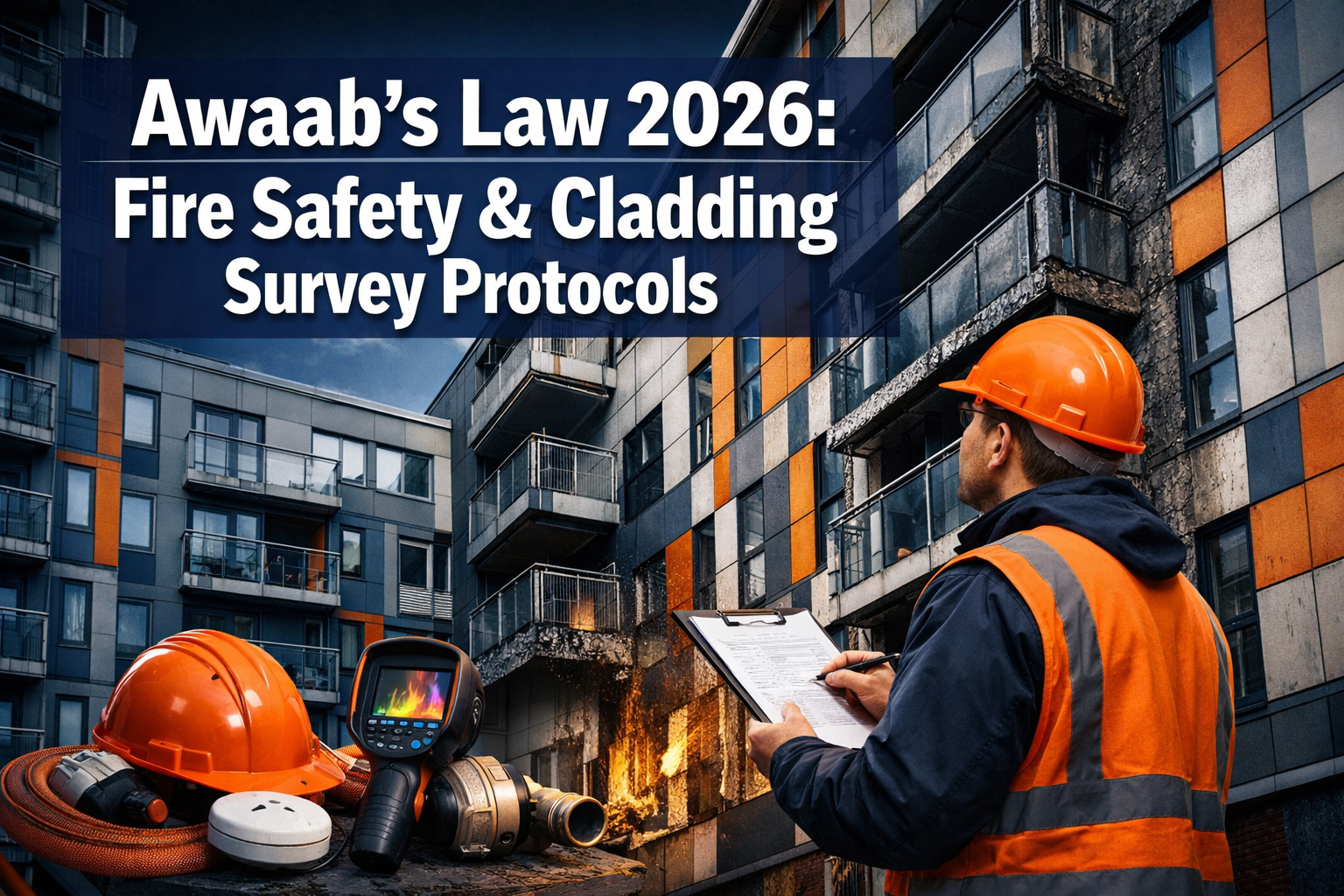 Professional () hero image featuring 'Awaab's Law 2026: Fire Safety & Cladding Survey Protocols' in extra large white with