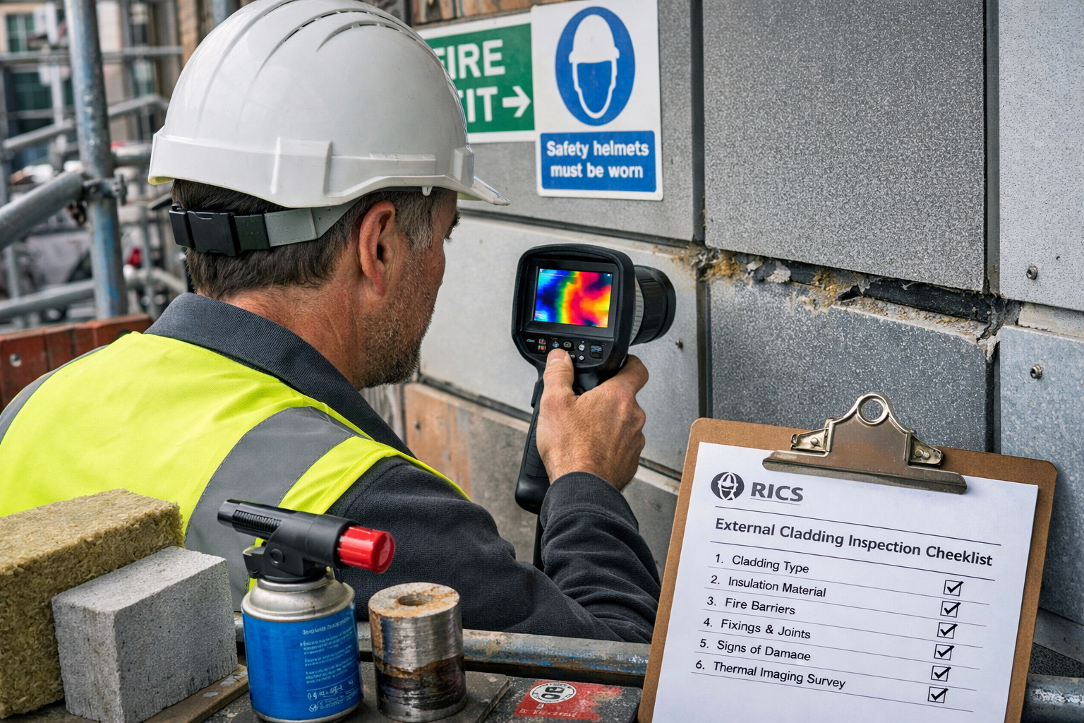 Detailed () image showing professional building surveyor in high-visibility vest and hard hat conducting close-up inspection
