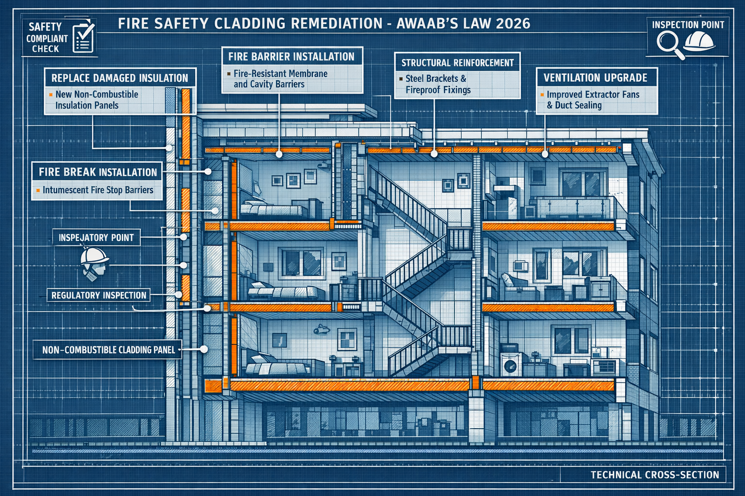 Detailed architectural cross-section illustration of a multi-occupancy residential block demonstrating fire safety cladding