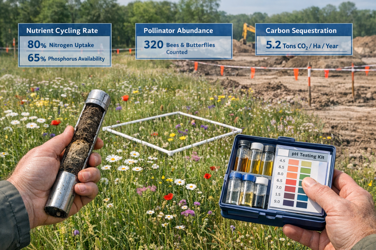 Detailed () image showing close-up of ecologist hands holding soil core sampler and pH testing kit in foreground, with