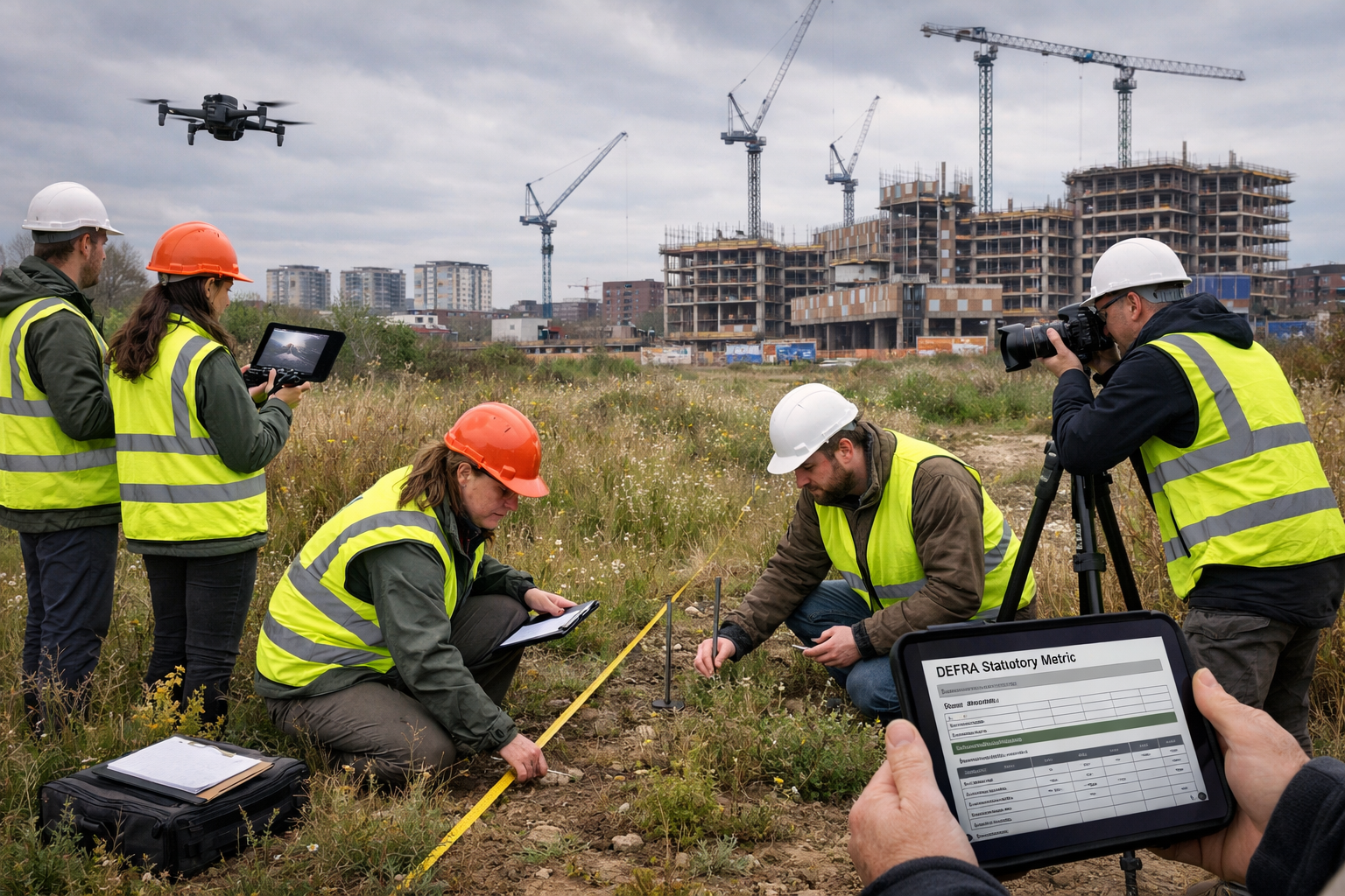 Wide-angle () photograph of brownfield redevelopment site assessment in progress, showing ecologist team using drone