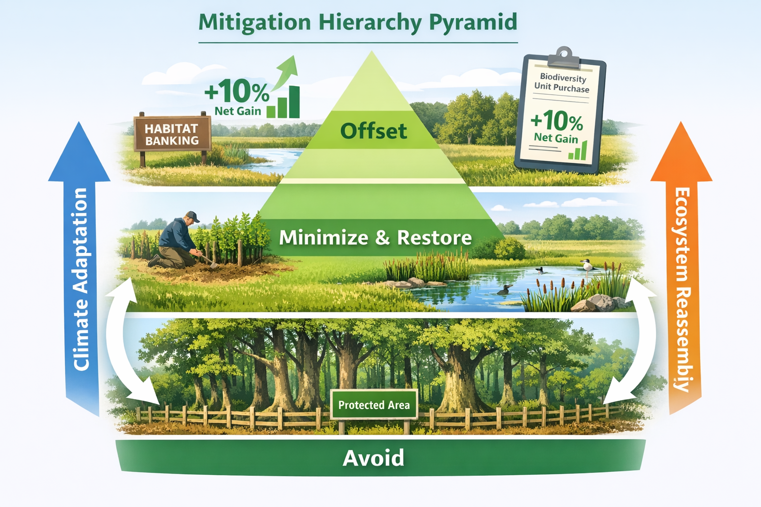 Detailed () conceptual illustration showing three-tiered mitigation hierarchy pyramid with visual examples: bottom tier