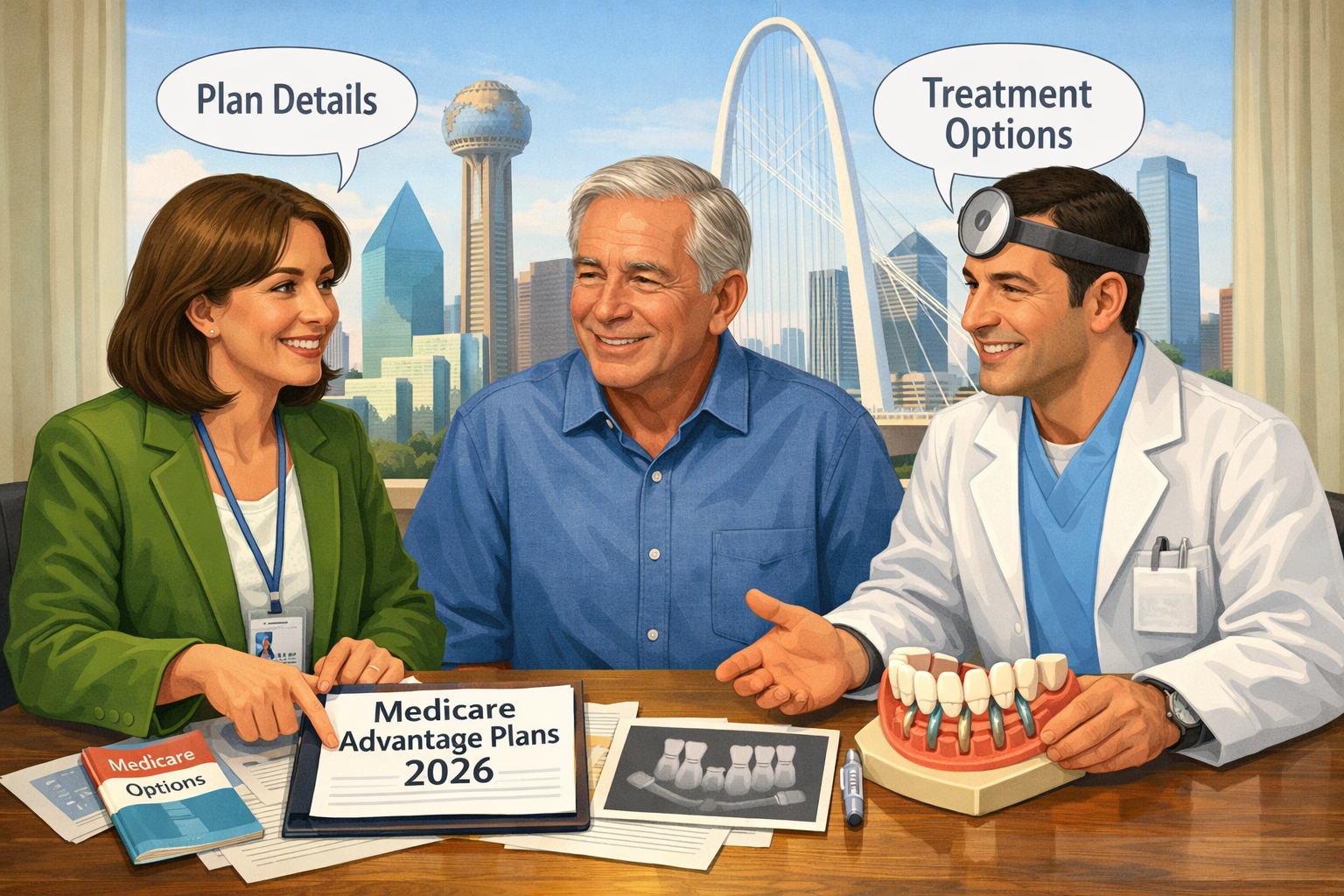 An illustration in () showing a mature adult (representing a Dallas resident) having a calm, reassuring conversation with a