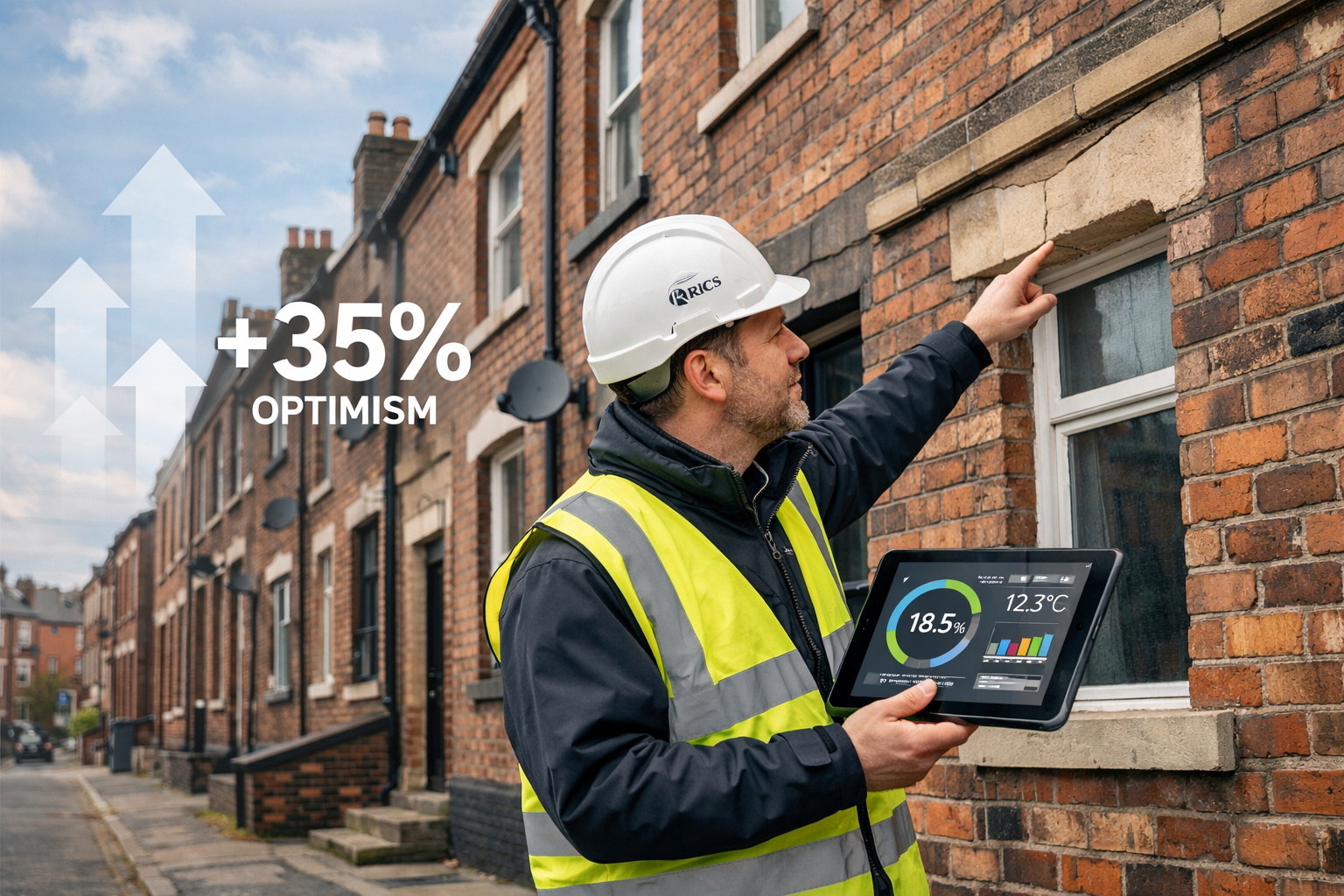 Wide-angle editorial photograph of a RICS-accredited chartered surveyor in a hard hat and hi-vis vest conducting a Level 3