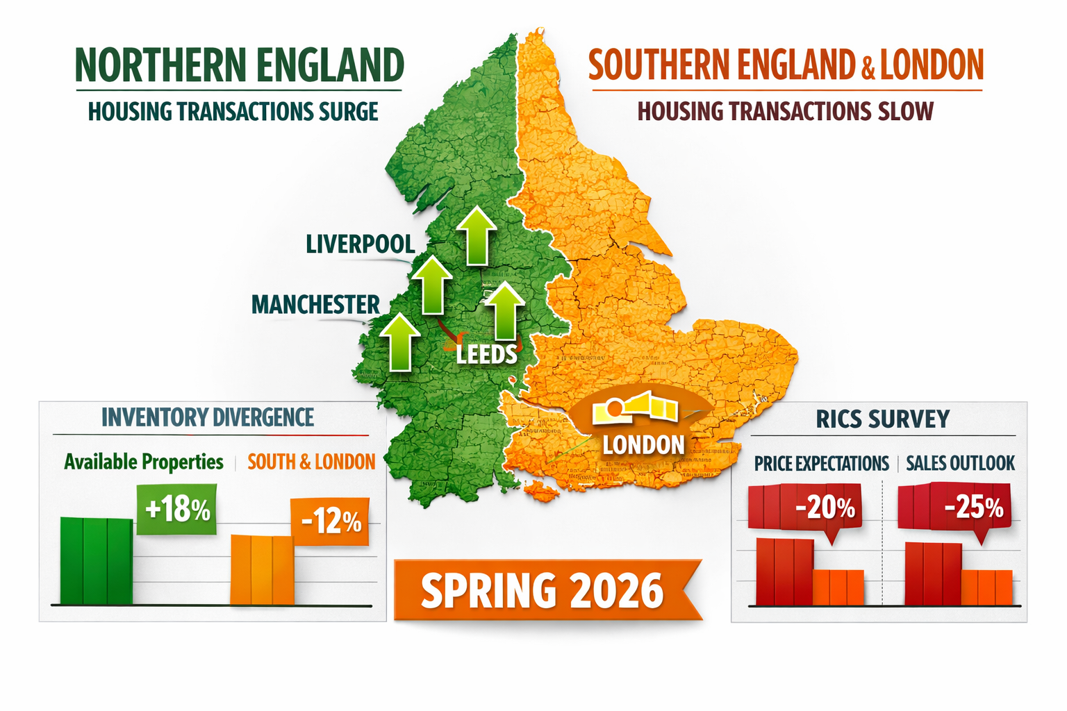 Infographic-style landscape image () showing a split UK map comparing Northern England housing transaction growth versus