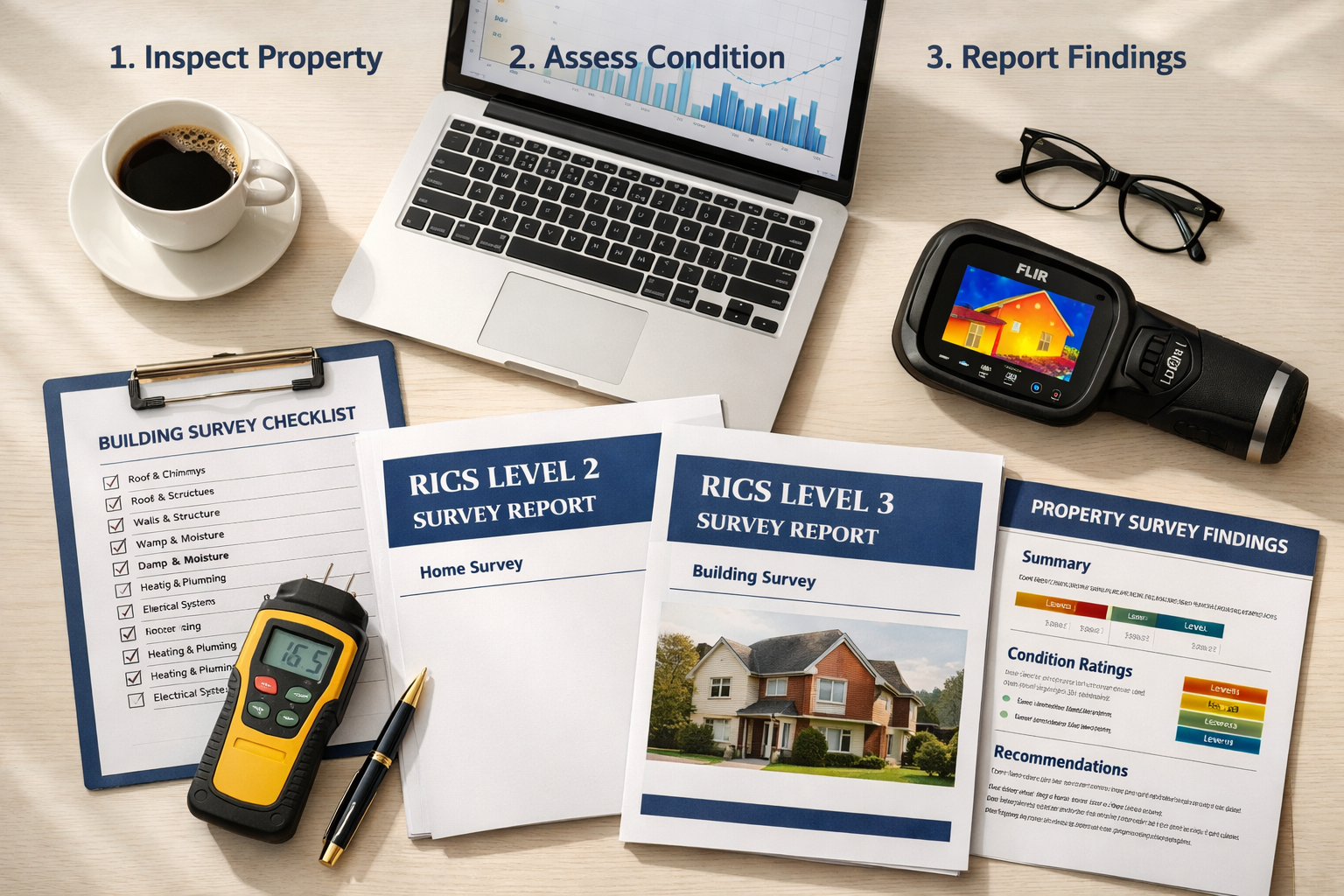 Professional editorial photograph () of a surveyor's desk with a detailed building survey checklist, RICS Level 2 and Level