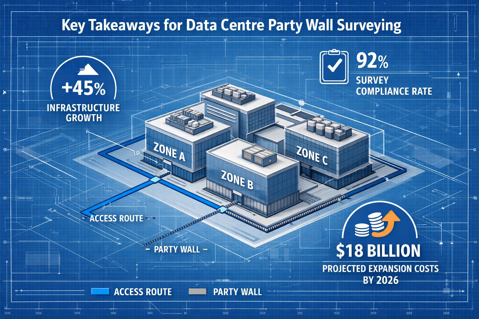 Landscape editorial infographic () visualizing 'Key Takeaways' for Data Centre Party Wall Surveying, featuring a technical
