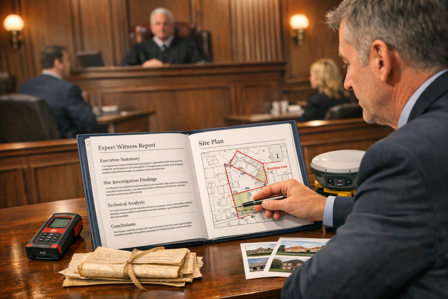 () professional photograph of chartered surveyor expert witness in modern courtroom setting, examining detailed boundary