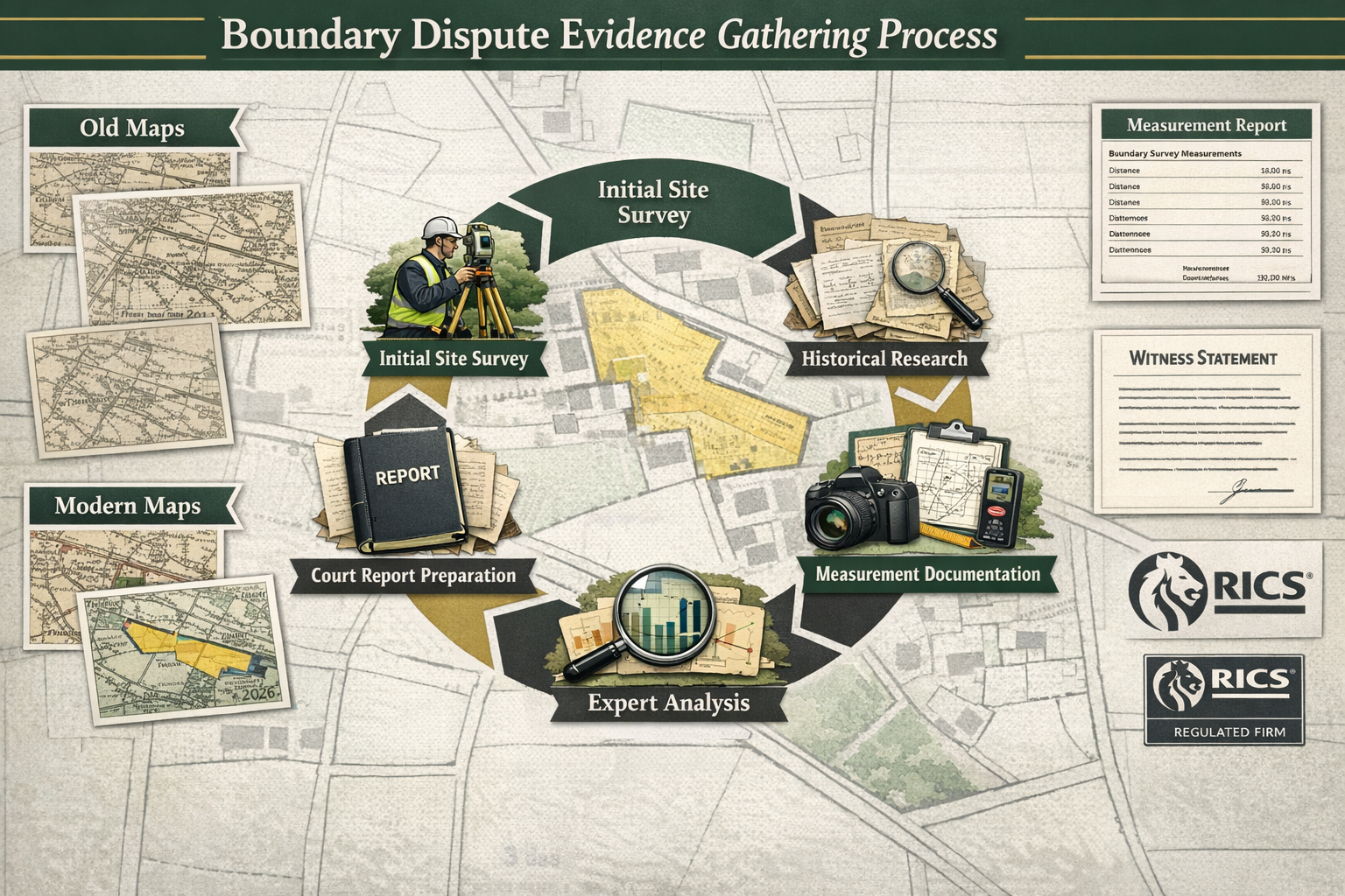 () detailed infographic illustrating court-ready boundary dispute evidence gathering process. Circular workflow diagram in