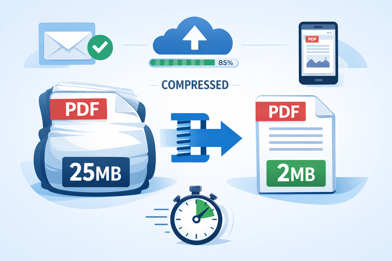 Landscape format (1536x1024) editorial illustration showing side-by-side comparison of compressed versus uncompressed PDF files with visual 