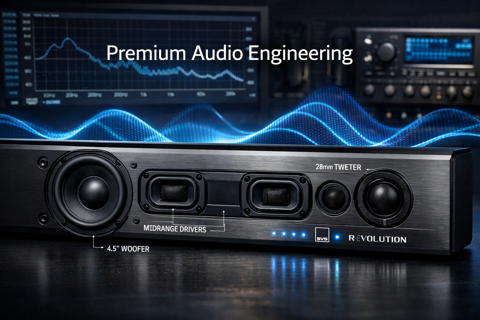 SVS R|Evolution Soundbar Detailed landscape format (1536x1024) image showing close-up technical view of SVS R|Evolution soundbar with visible driver array, premium materials, brushed metal finish, LED indicators glowing subtly. Overlay text 'Premium Audio Engineering' in modern sans-serif. Background shows acoustic wave visualization, frequency response graph with clean lines, professional audio measurement tools. Color palette: gunmetal gray, electric blue accents, white technical annotations. Studio lighting emphasizing craftsmanship and build quality with shallow depth of field. SVS R|Evolution Soundbar
