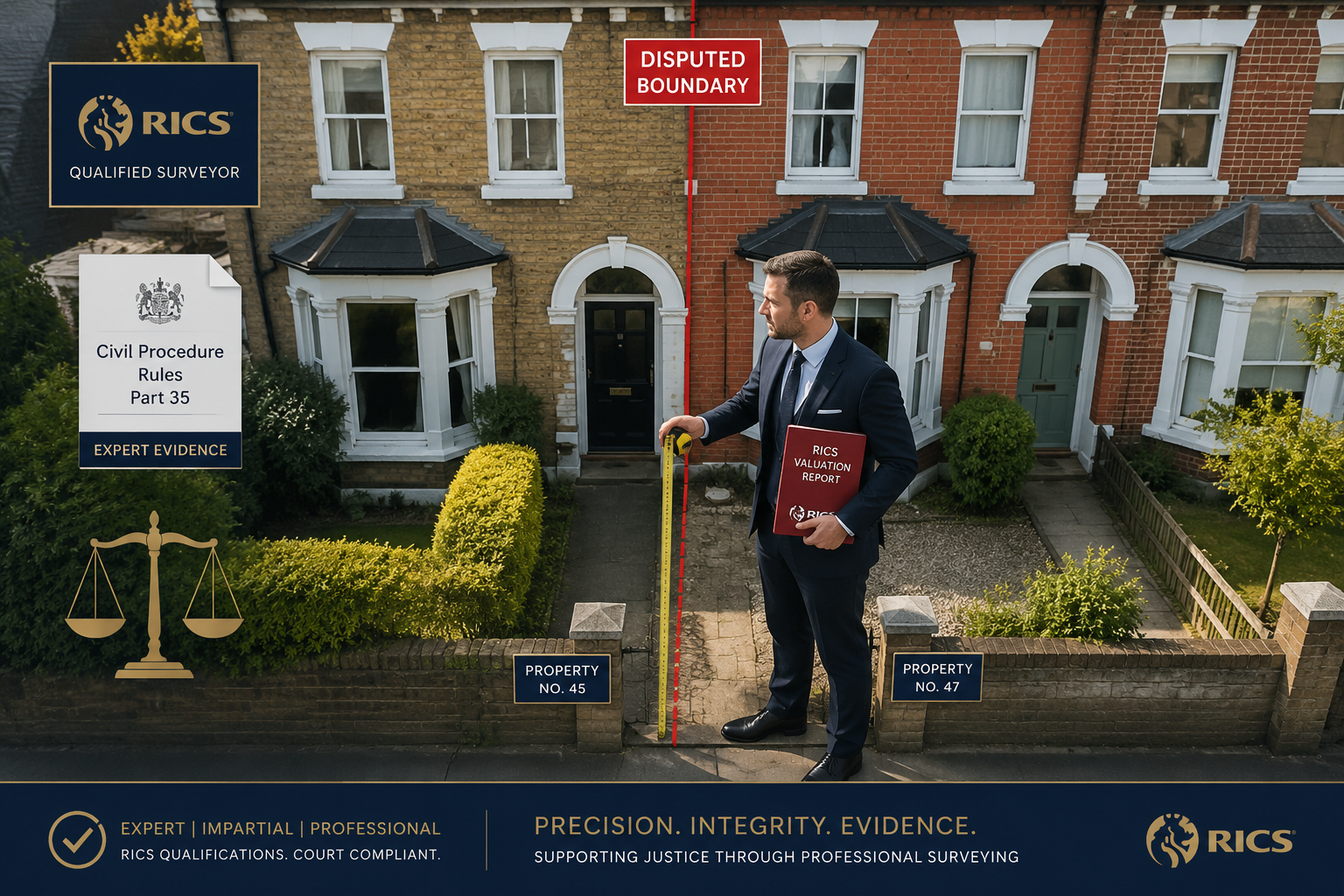 Wide-angle aerial view of two adjoining British terraced houses with a clearly disputed boundary line marked in red , a