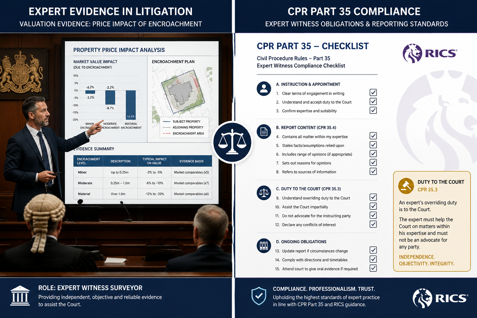 Split-screen infographic-style landscape image () showing left panel: a formal courtroom setting with an expert witness