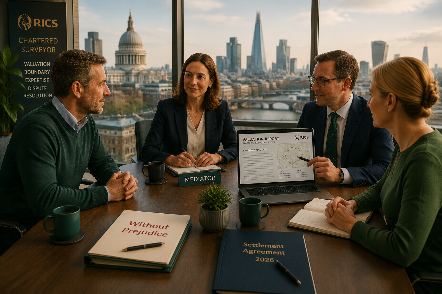 Warm-toned editorial photograph () of a professional mediation session around a modern conference table: two property owners