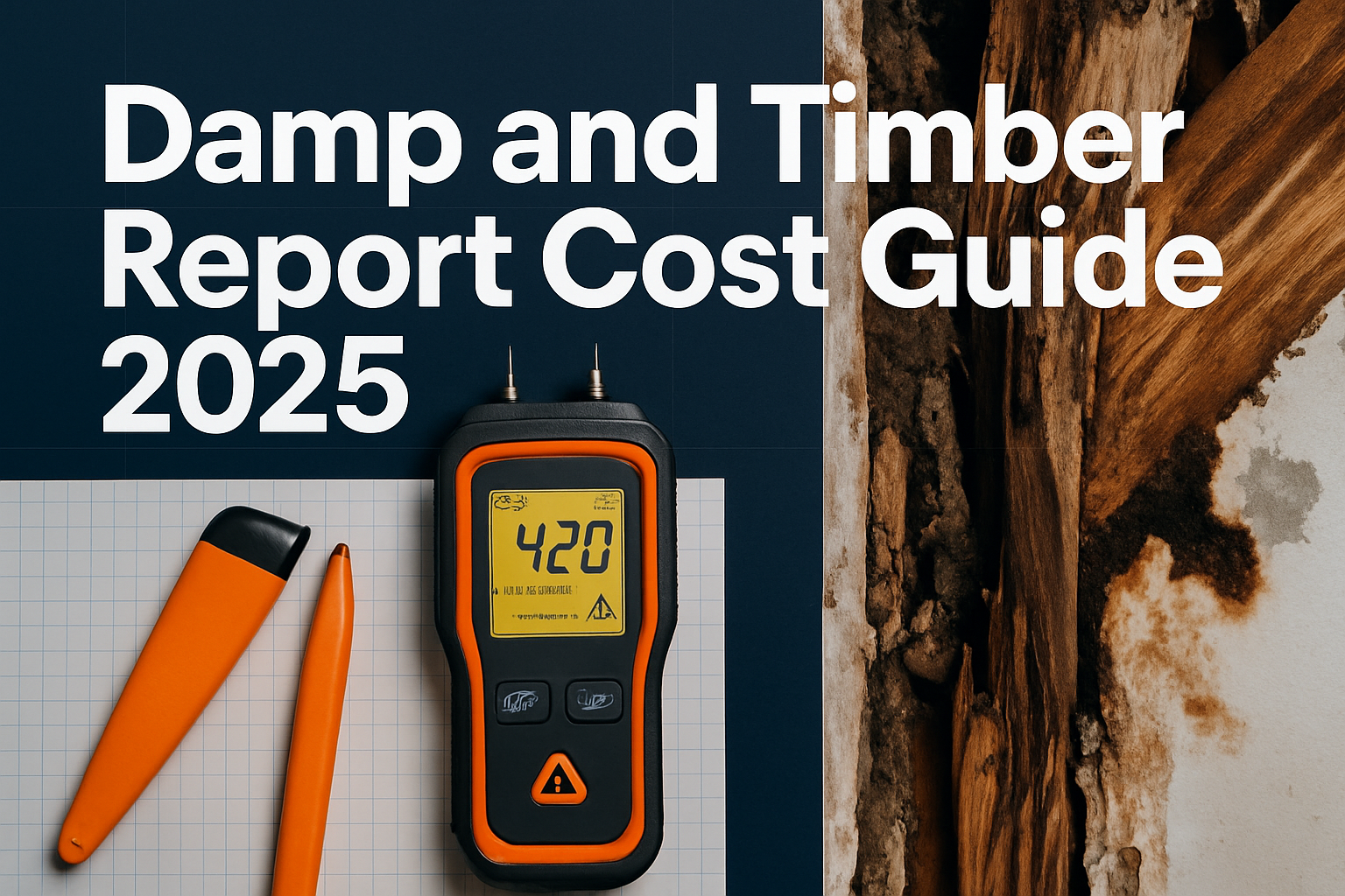 Professional landscape hero image (1536x1024) featuring bold text overlay 'Damp and Timber Report Cost Guide 2025' in extra large 72pt white