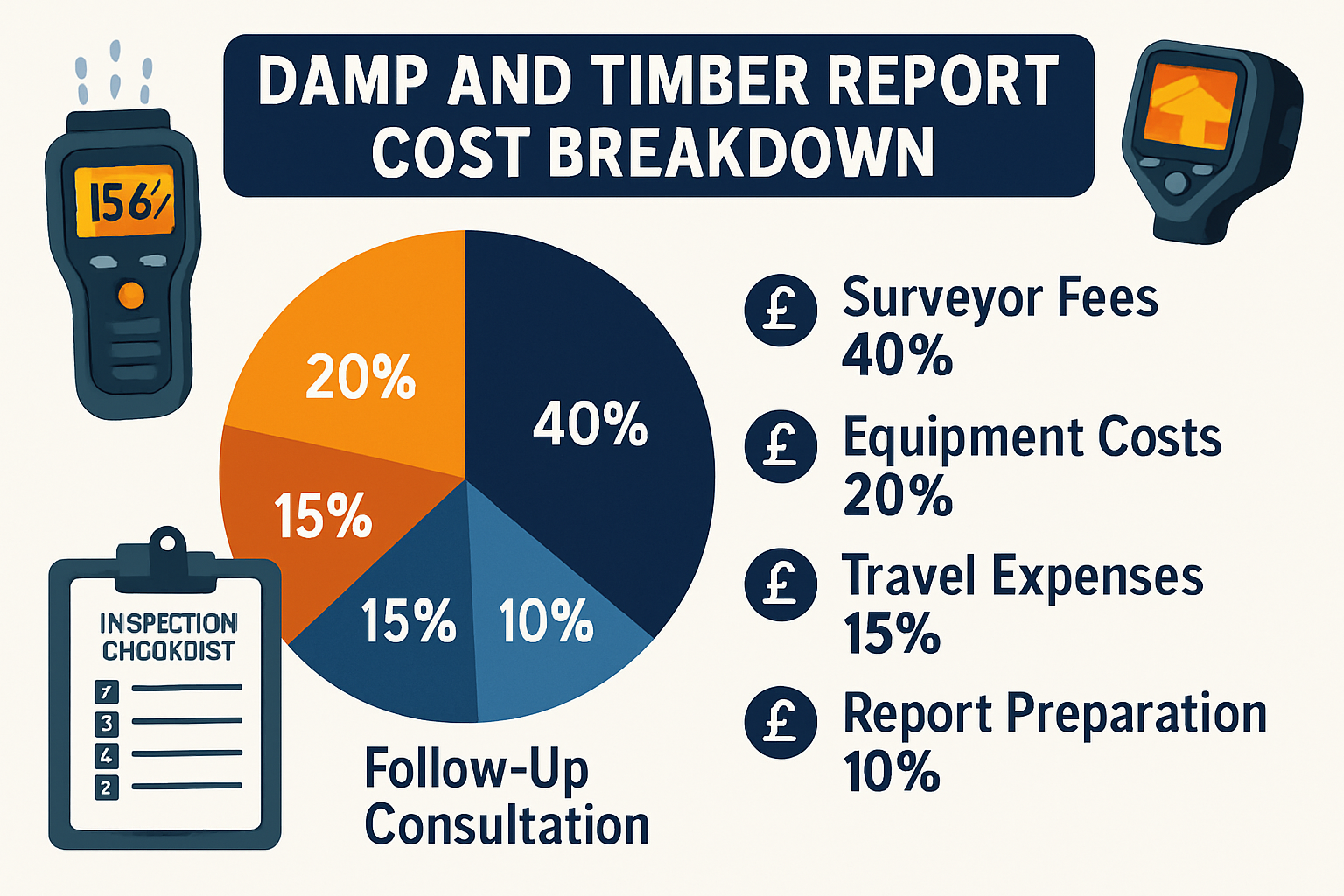 Detailed infographic showing damp and timber report cost breakdown with pie chart displaying percentage allocations: surveyor fees (40%), eq