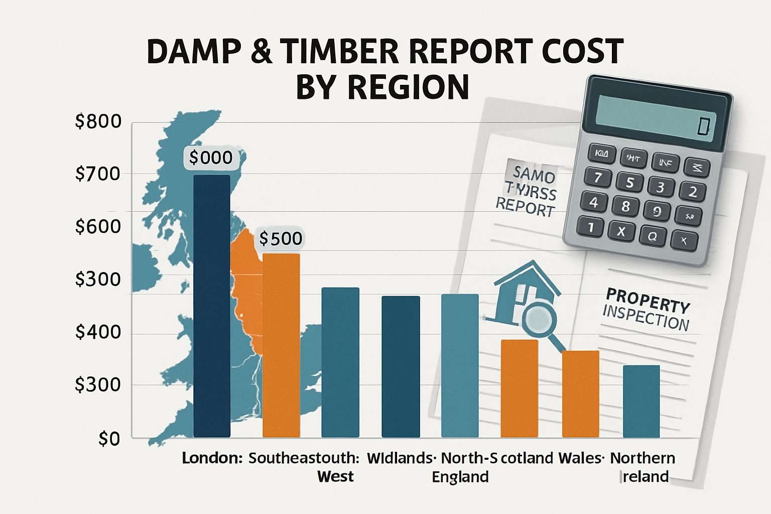 Comprehensive comparison chart displaying regional damp and timber report cost variations across UK regions with bar graph format. Shows Lon