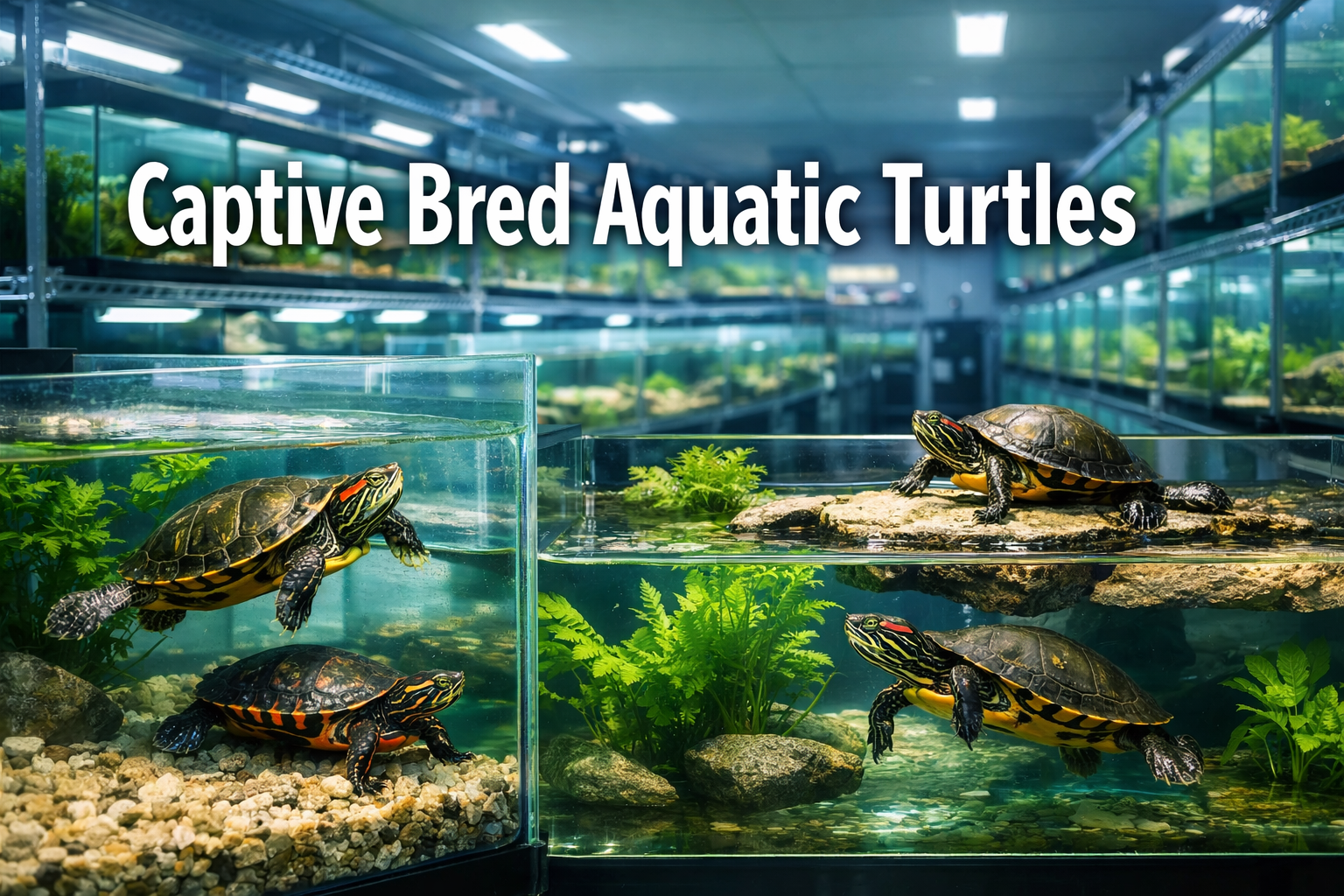 Professional landscape hero image (1536x1024) featuring bold text overlay 'Captive Bred Aquatic Turtles' in extra large 72pt white sans-seri