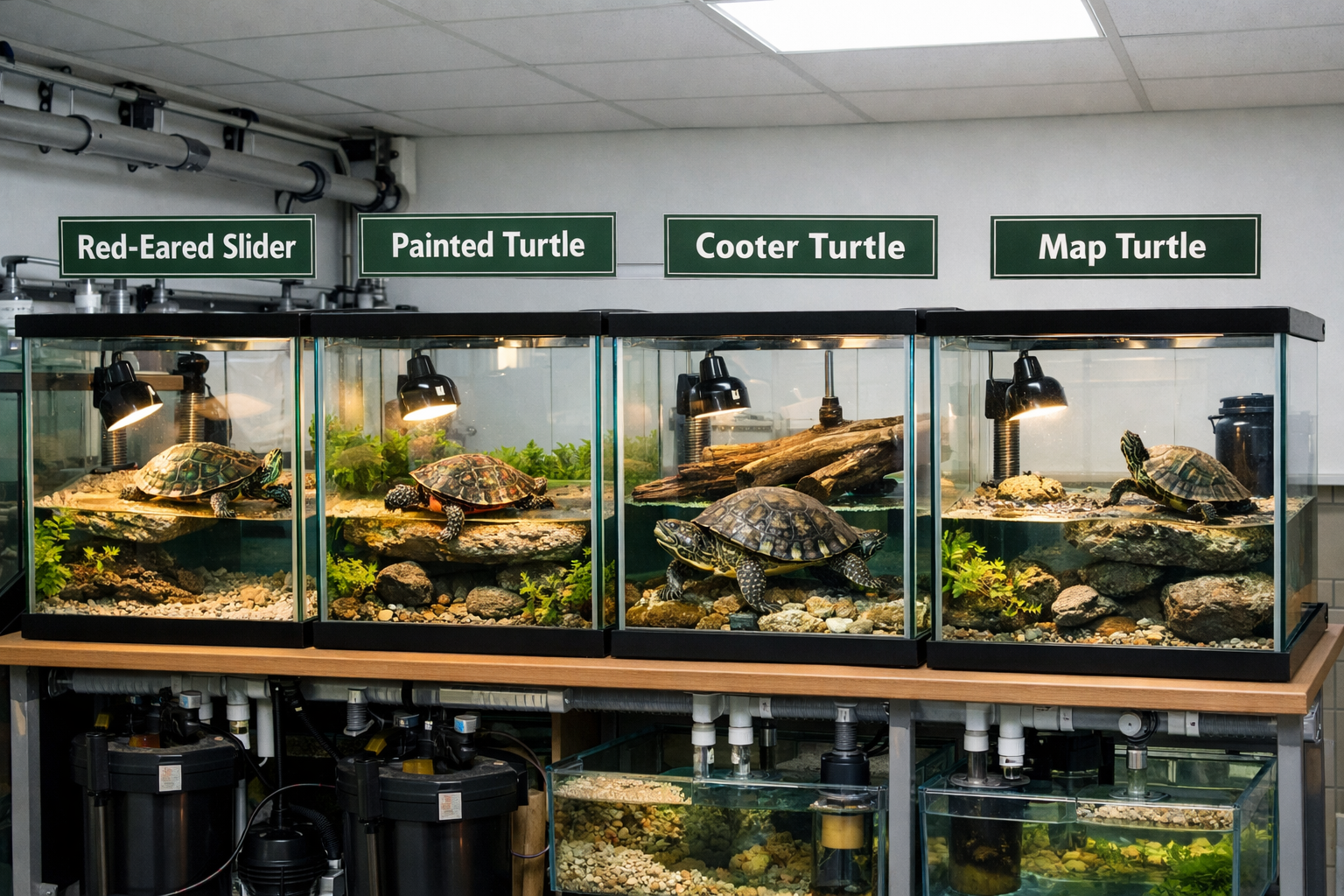 Detailed landscape image (1536x1024) showing various popular captive bred aquatic turtle species in separate glass enclosures - red-eared sl