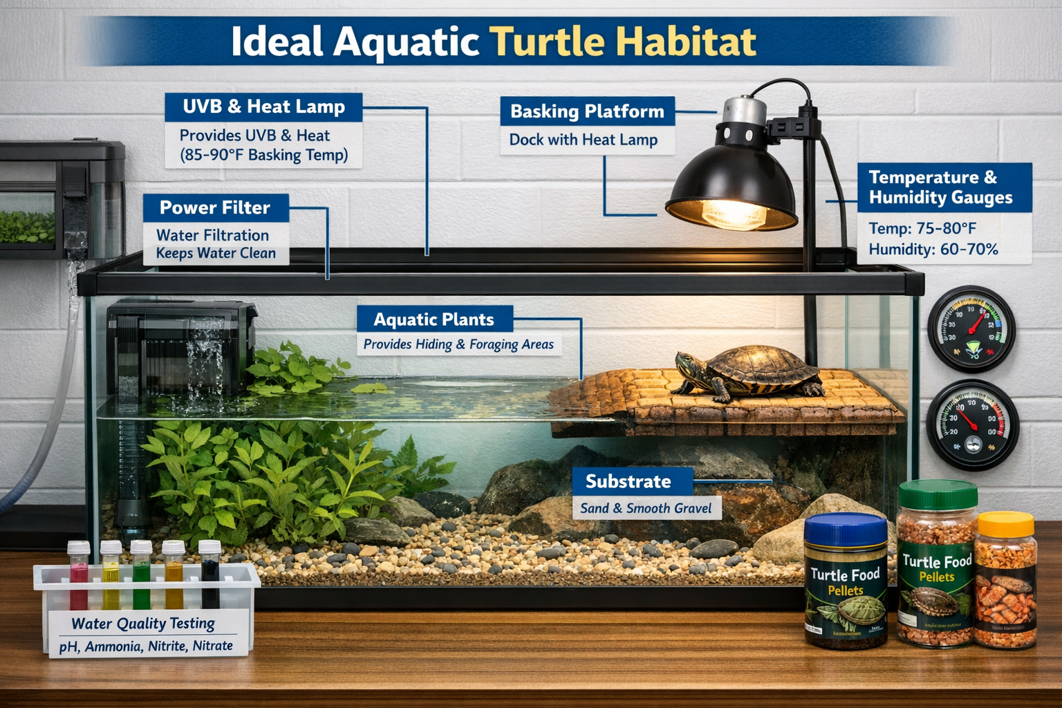 Professional landscape image (1536x1024) depicting optimal aquatic turtle habitat setup with large glass tank containing basking area, UVB l