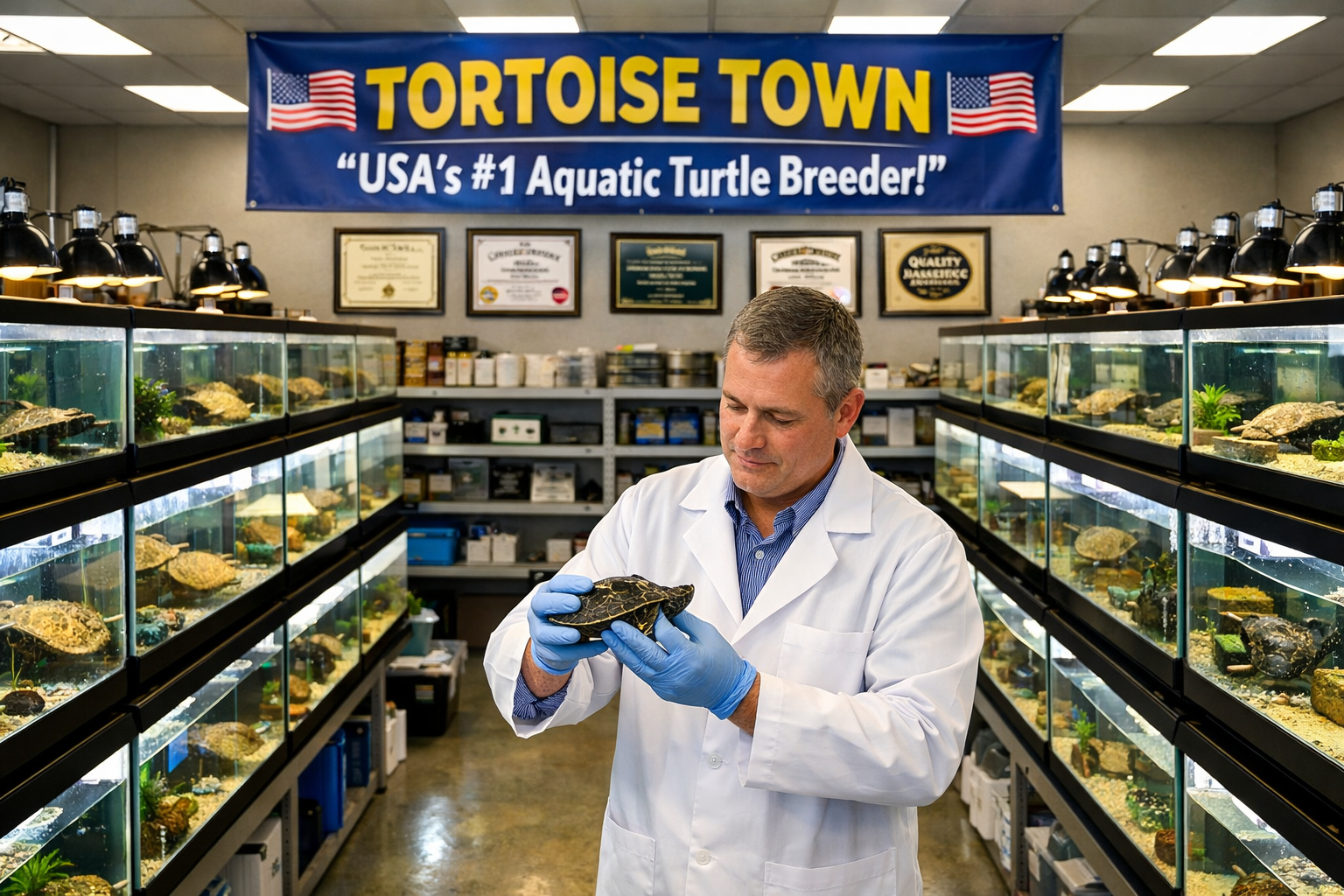 Professional landscape image (1536x1024) featuring Tortoise Town breeding facility with rows of pristine aquatic turtle enclosures, professi