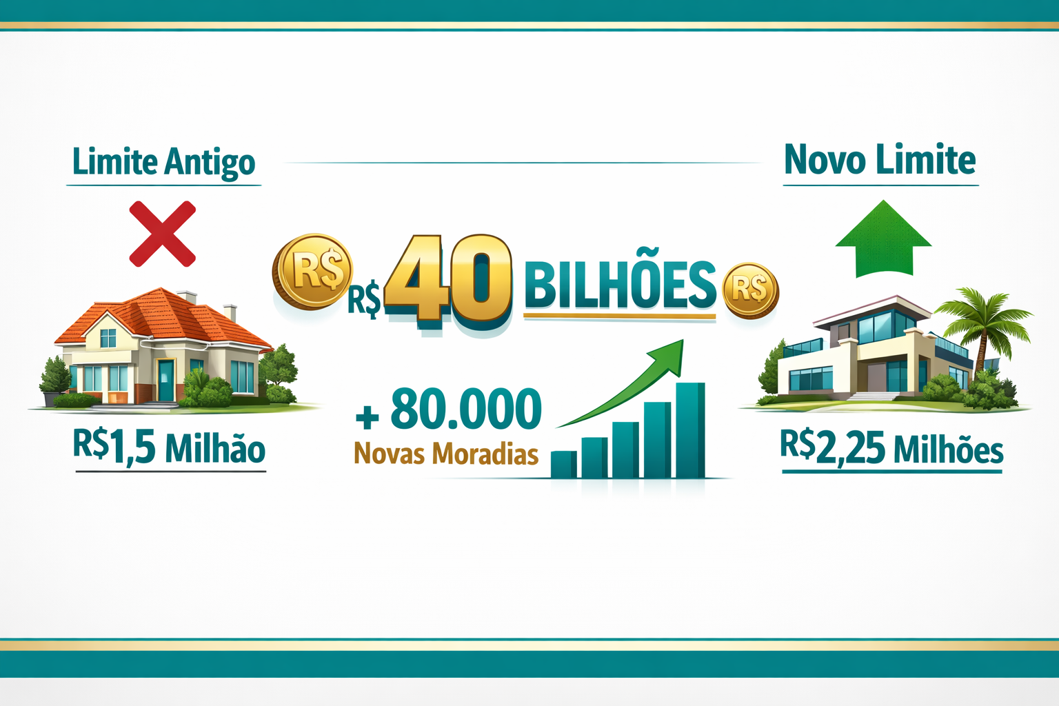 Detailed () infographic-style illustration showing a Brazilian real estate financing timeline: left side displays old RR$2.25M SFH cap reform financing data visualization.5M
