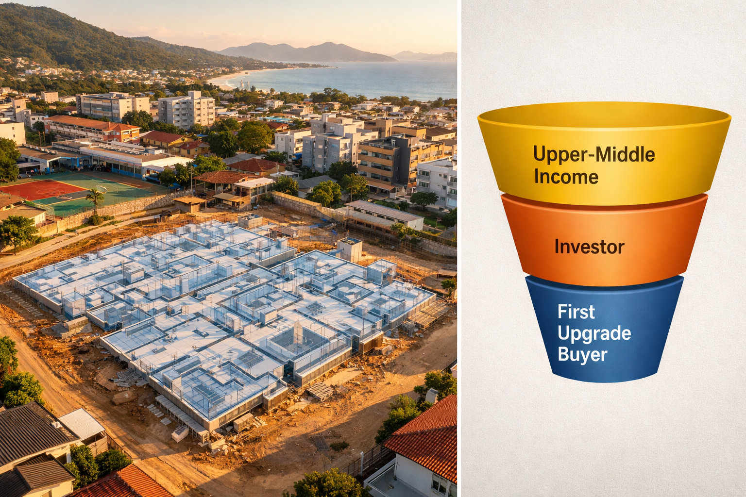 Aerial drone-perspective landscape () of a mid-market Brazilian residential development site in a coastal city like