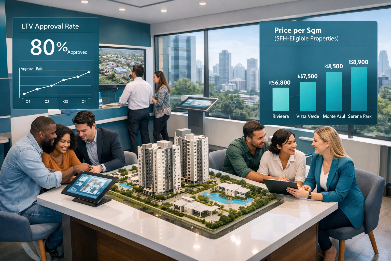 Wide-angle landscape () showing a modern Brazilian real estate sales stand interior with digital touchscreen displays, 3D