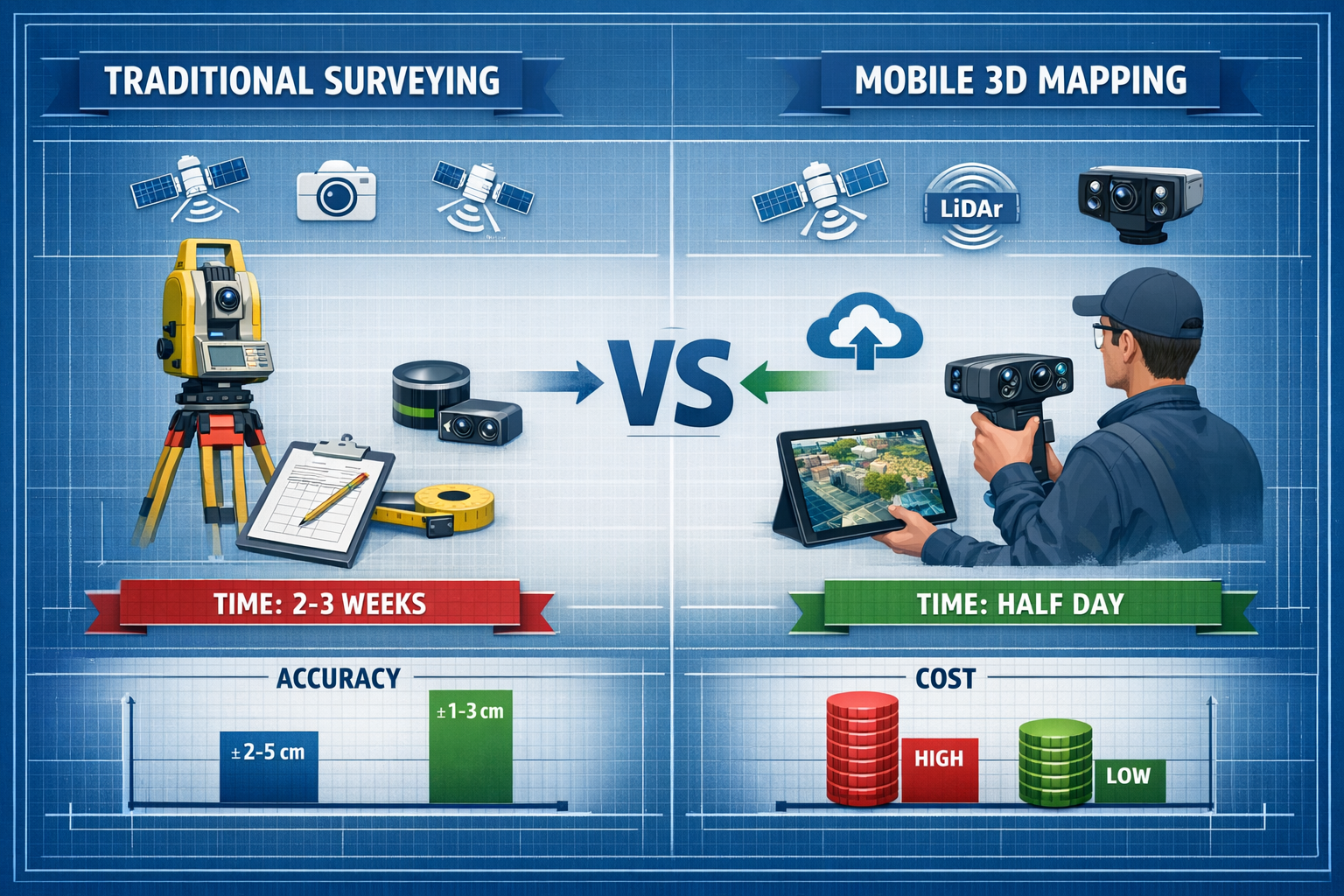 Landscape format (1536x1024) detailed comparison infographic showing traditional surveying workflow versus mobile 3D mapping workflow. Left 