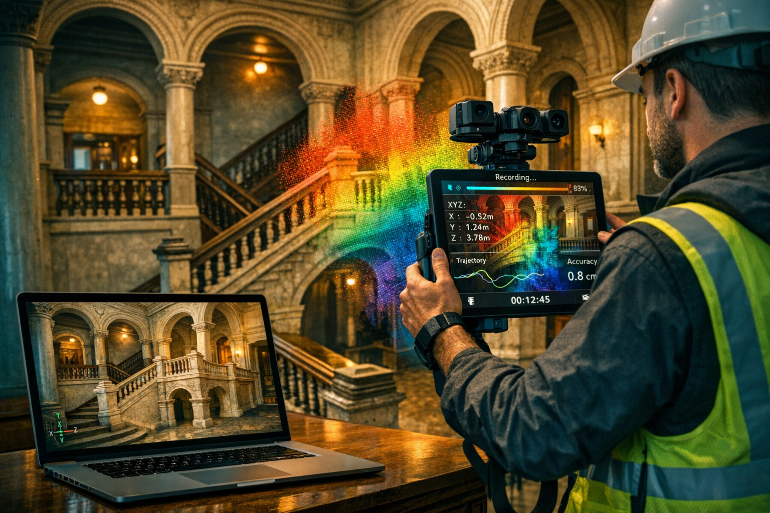 Landscape format (1536x1024) professional surveyor using mobile mapping system inside complex multi-story building interior with challenging