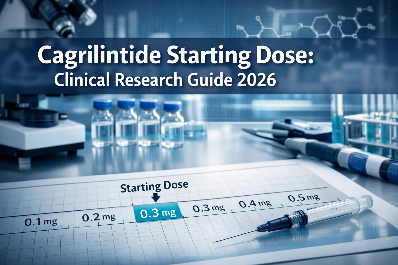Professional landscape hero image (1536x1024) featuring bold text overlay 'Cagrilintide Starting Dose: Clinical Research Guide 2026' in extr