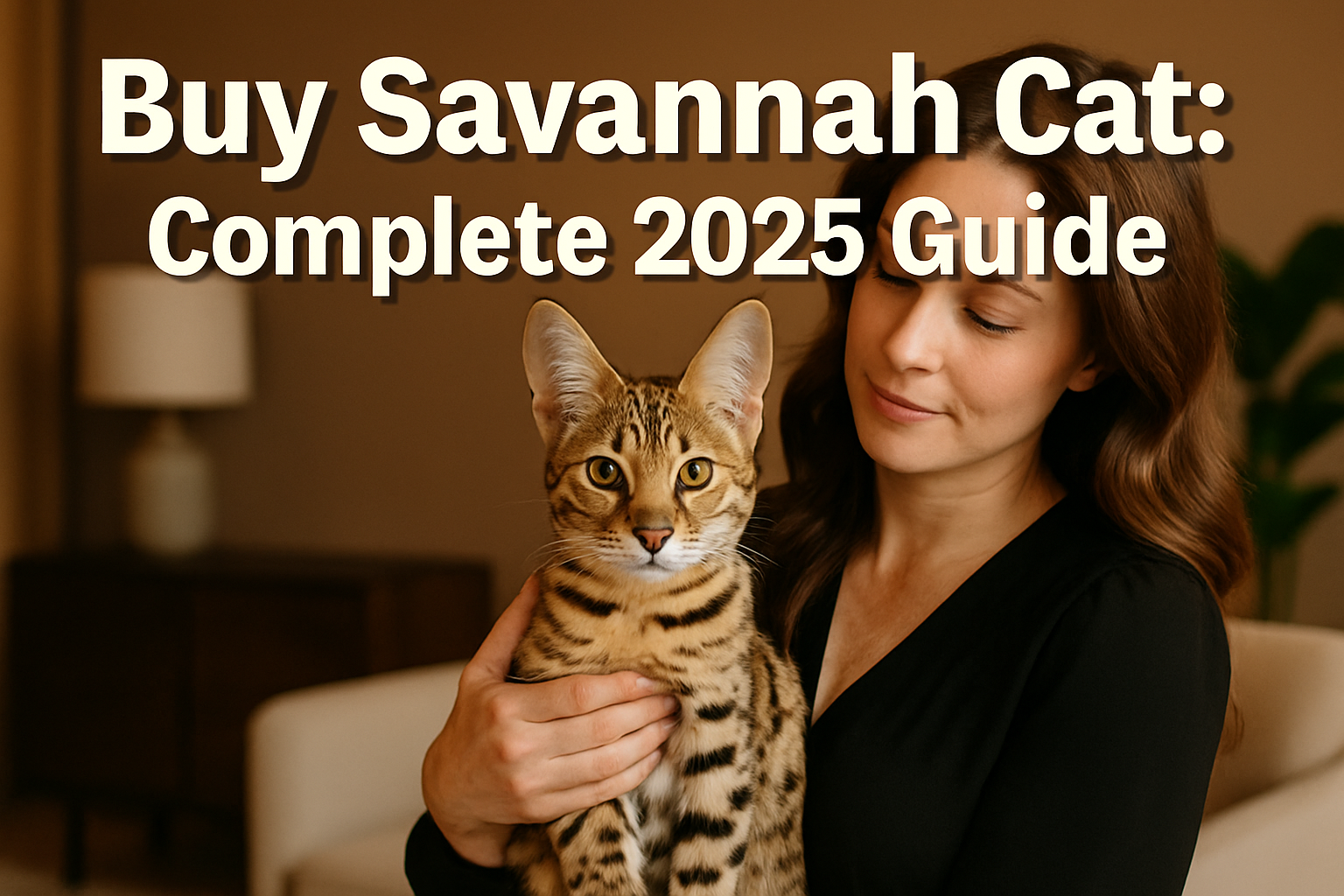 Professional landscape hero image (1536x1024) featuring bold text overlay 'Buy Savannah Cat: Complete 2025 Guide' in extra large 70pt white 