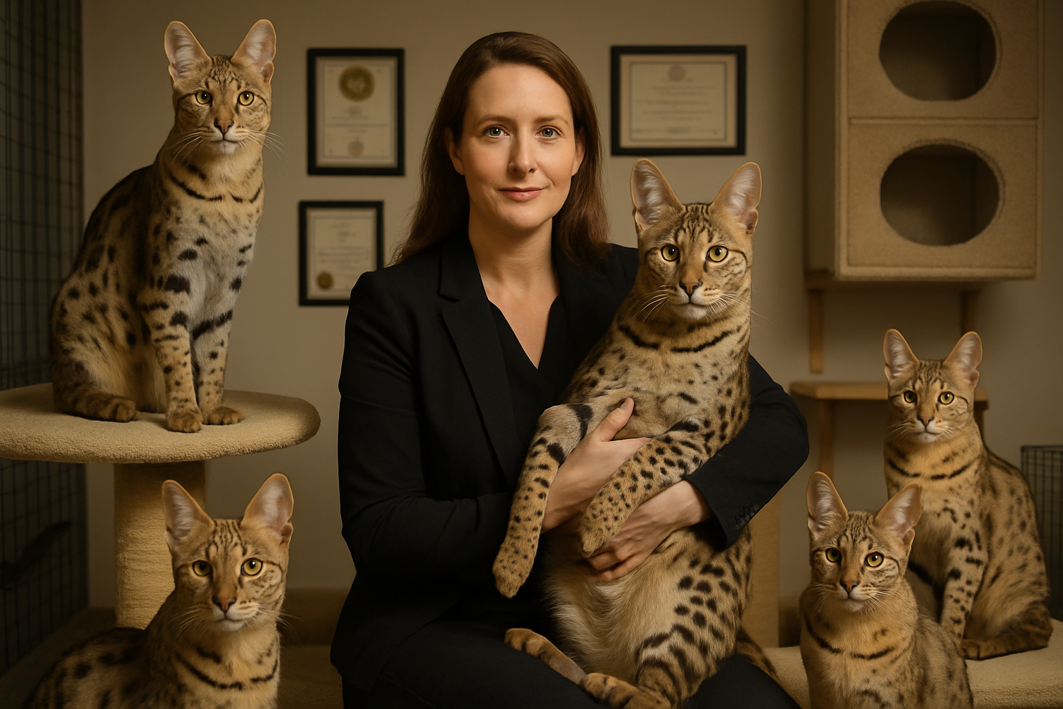 Elegant portrait composition showing professional Savannah cat breeder Melissa Morris in her cattery facility surrounded by multiple generat