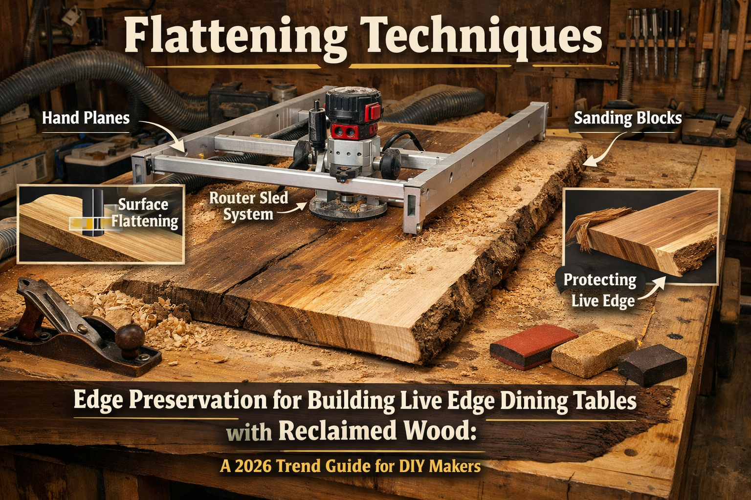 Detailed landscape format (1536x1024) image showcasing a workbench with essential tools for flattening and shaping live edge slabs, includin