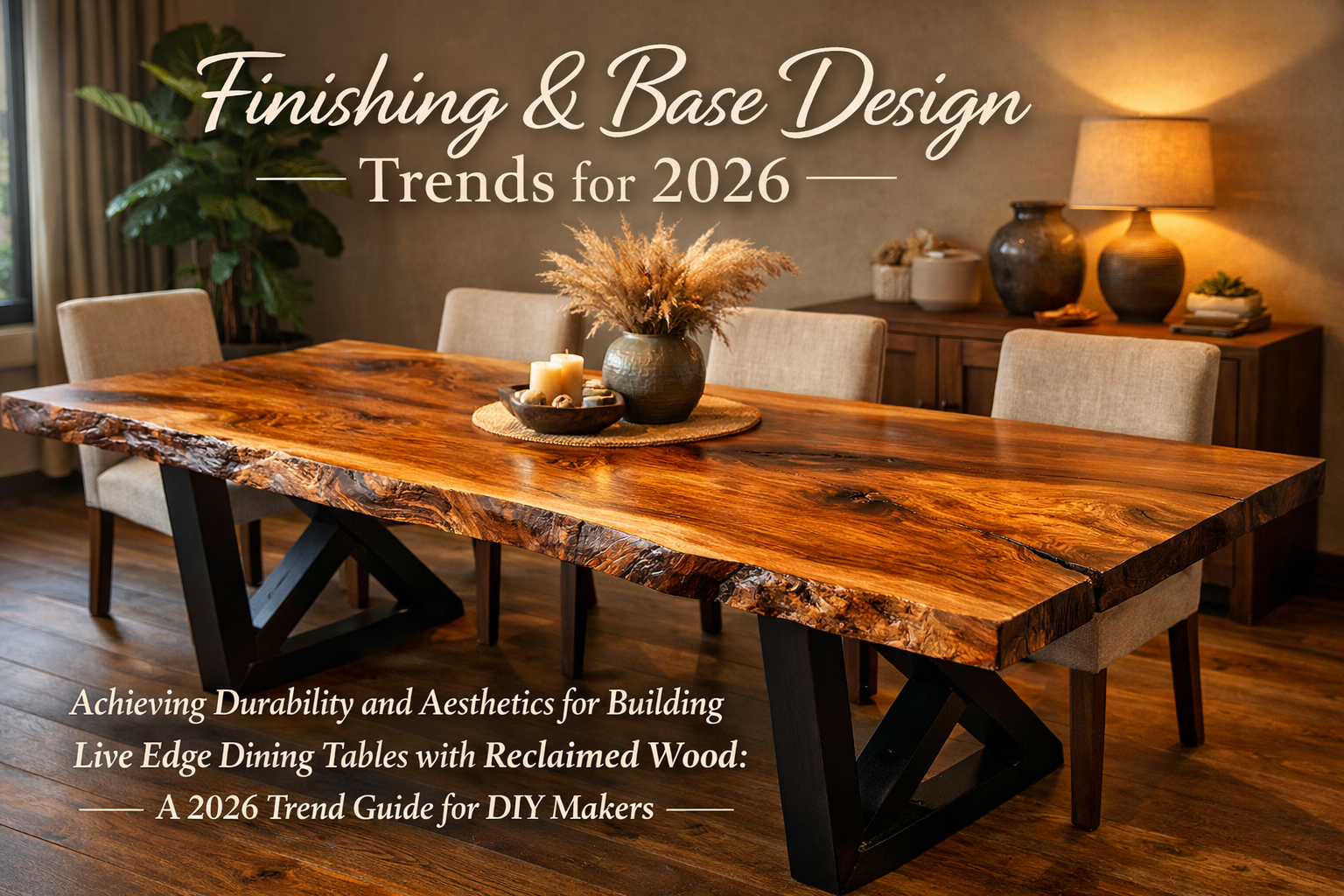 Detailed landscape format (1536x1024) image featuring a beautifully finished live edge dining table made from reclaimed wood, set in a moder