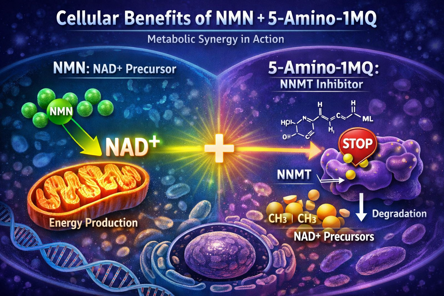 An intricate infographic (1536x1024, landscape) illustrating the synergistic mechanisms of NMN and 5-Amino-1MQ within a cell. One side shows