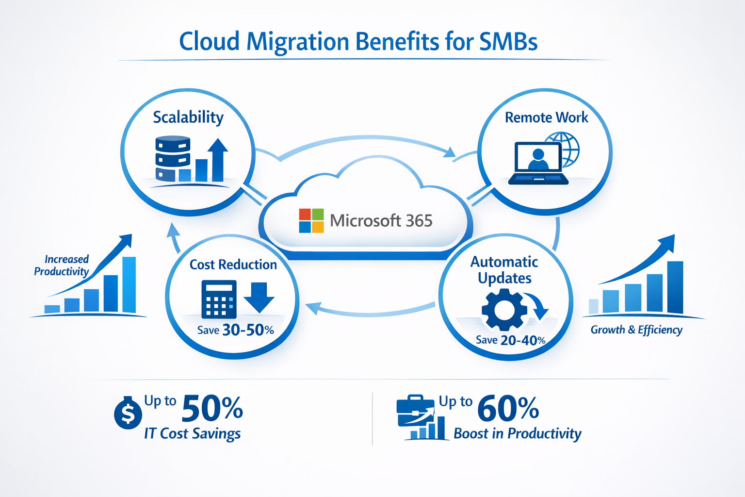 Professional () infographic displaying cloud migration benefits for SMBs, featuring interconnected icons representing
