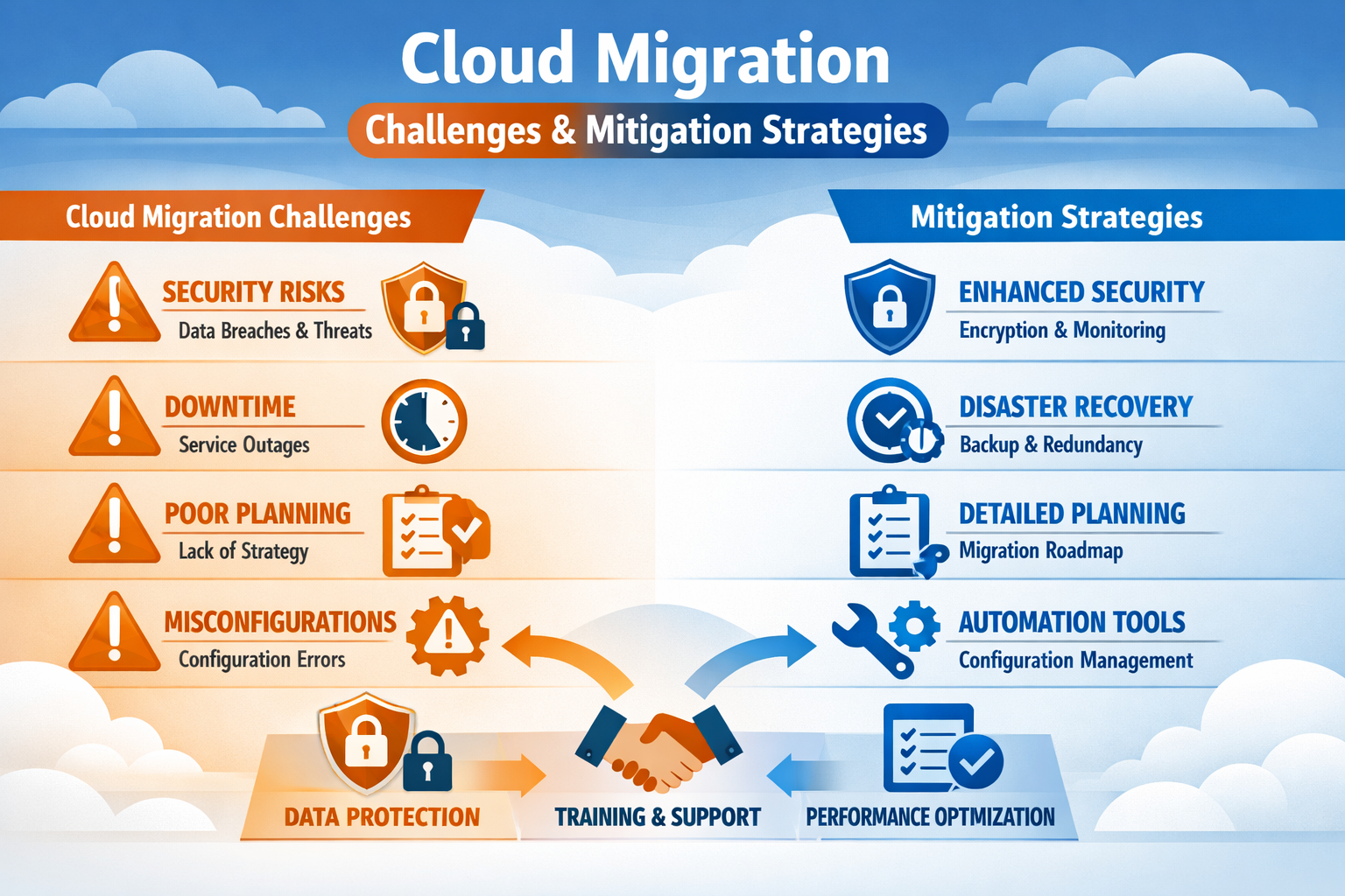 () risk assessment visualization showing cloud migration challenges, featuring warning triangles, security lock icons,