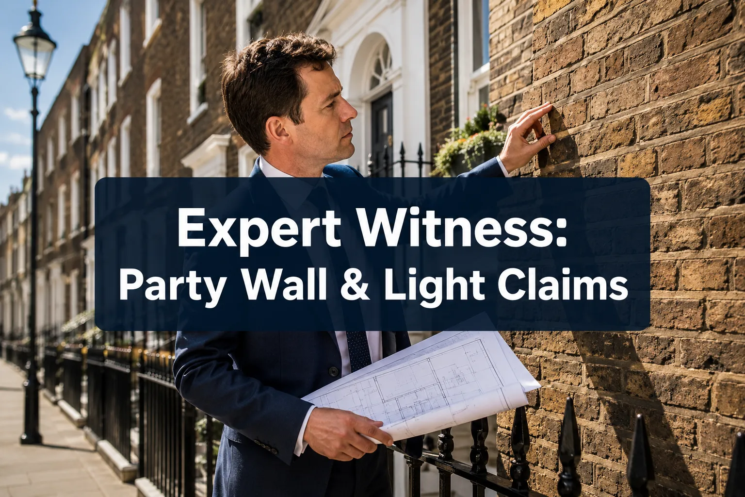 Professional () hero image with (≤42 chars): 'Expert Witness: Party Wall & Light Claims' in crisp white on a deep navy