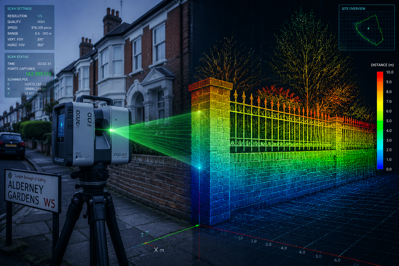 Detailed () illustration showing a ground-based terrestrial LiDAR scanner on a tripod positioned at a property boundary