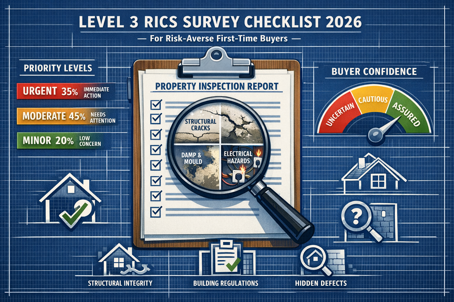 () detailed infographic showing comprehensive Level 3 RICS survey checklist specifically designed for risk-averse first-time